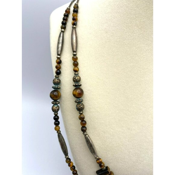 Vintage Tigers Eye & Silver Double Strand Beaded Hand Crafted Statement Necklace - Picture 3 of 9